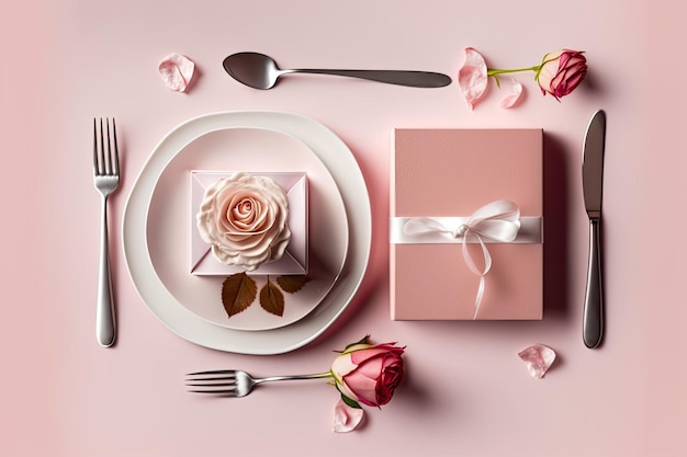 A pink rose blossom sits atop a pink table in this overhead shot of a Valentines Day