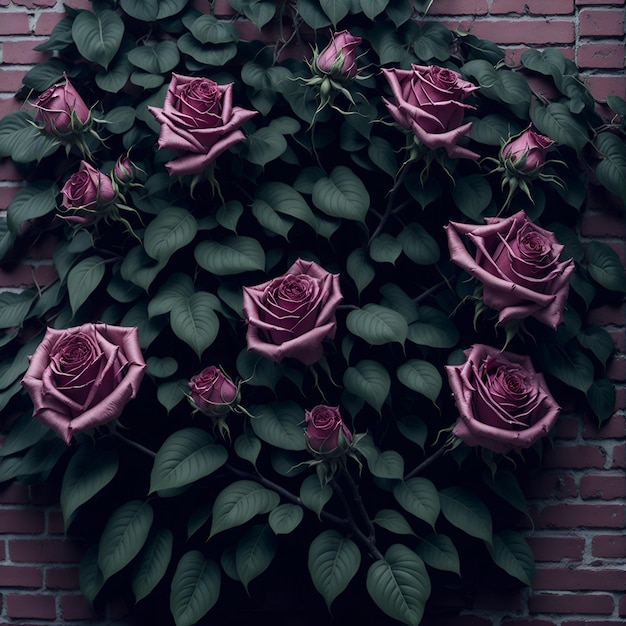 사진 붉은 벽돌담 앞에 분홍 장미 덤불