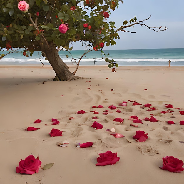 Photo a pink rose bush is in the sand with the word love written in the sand