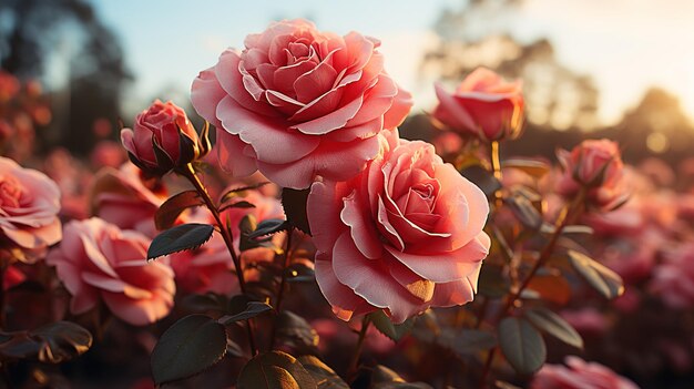 A pink rose bush with the sun behind it