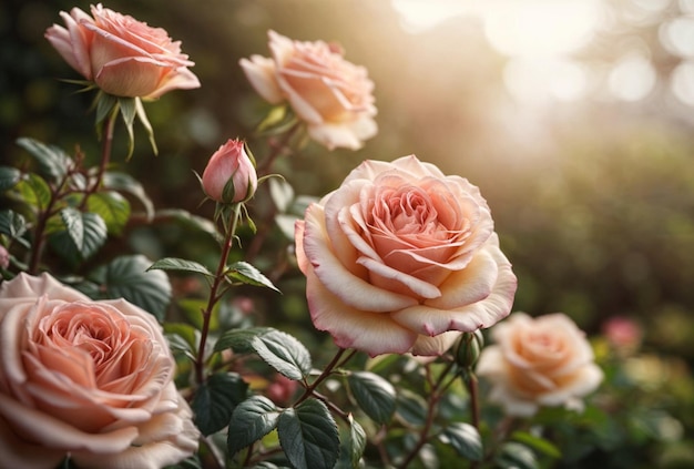 Photo a pink rose bush with the sun shining through the leaves