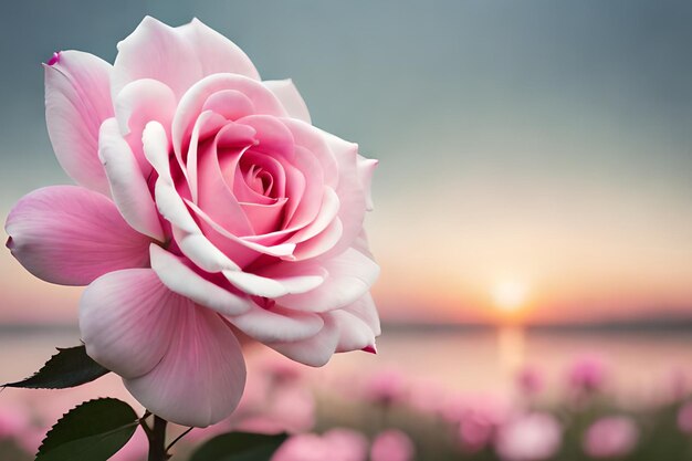 A pink rose in a field of flowers