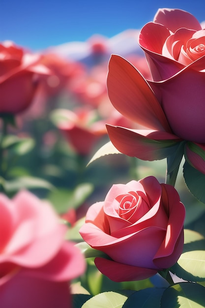 A pink rose in a field of roses