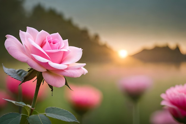 A pink rose in the field with the sun setting behind it