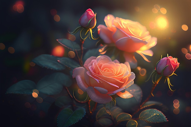 Photo pink rose flower in the garden of flowers and sunlight with bokeh