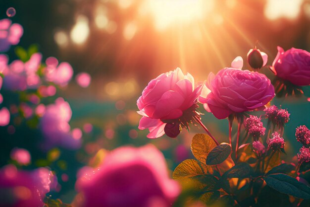 Photo pink rose flower in the garden of flowers and sunlight with bokeh