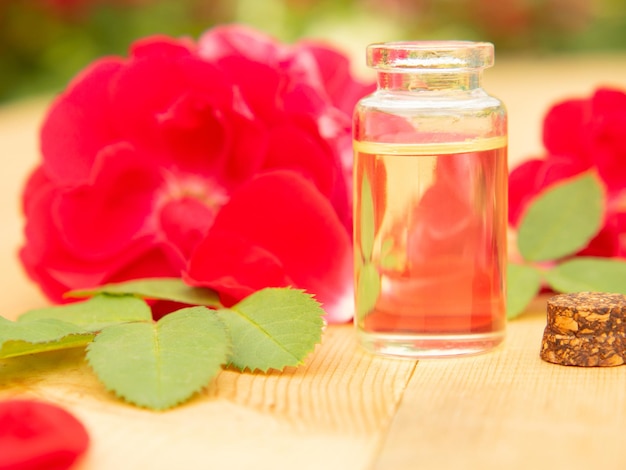 Pink rose flower and glass of bottled essential oil or rose water with rose petals on wooden table aromatherapy concept