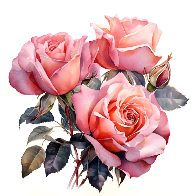 Pink Rose Flower isolated watercolor illustration painting