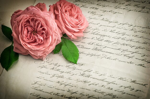 写真 ピンクのバラの花と古い手書きの手紙。ヴィンテージ紙の背景。ビネット付きのレトロなスタイルのトーンの写真。セレクティブフォーカス