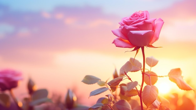 Pink rose flowers over blurred soft sunny background with copy space