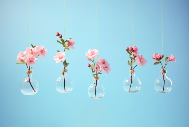 Pink rose flowers in chemical flasks over blue background generative ai