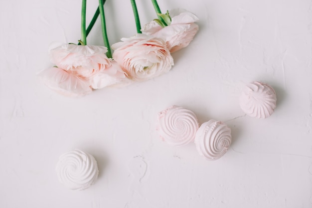 Pink rose flowers and marshmallows on a white surface