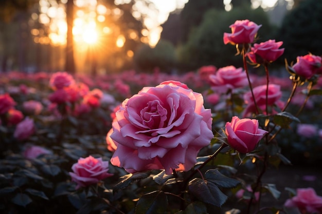 Pink Rose Garden in Sunset Light pink rose image photography