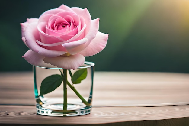 A pink rose in a glass with a green background