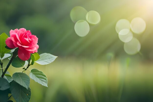 A pink rose in the grass with the sun behind it