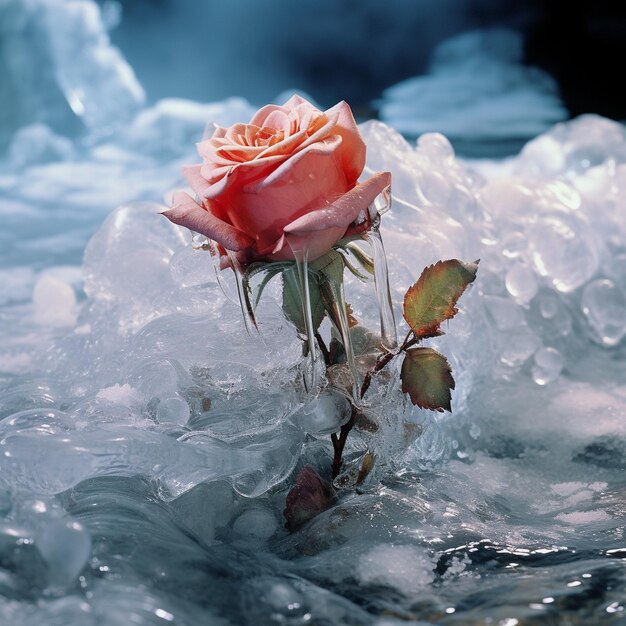 Photo a pink rose in ice with the name 