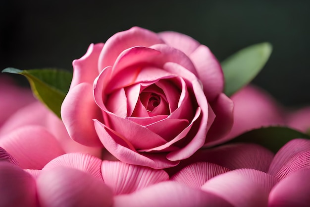 A pink rose is in the center of a bouquet.