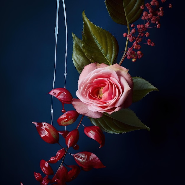 A pink rose is hanging from a branch with red berries.