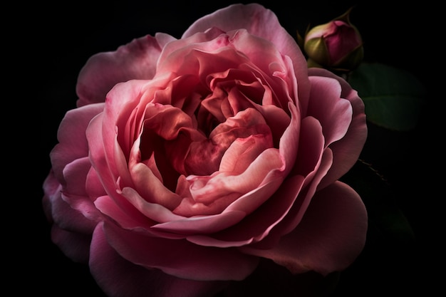 A pink rose is photographed in the dark.