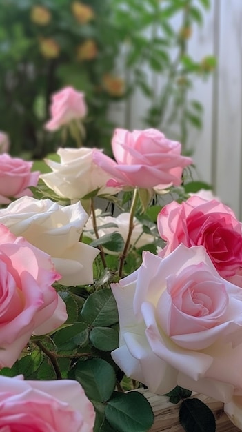 A pink rose is in a pot with a white fence in the background.