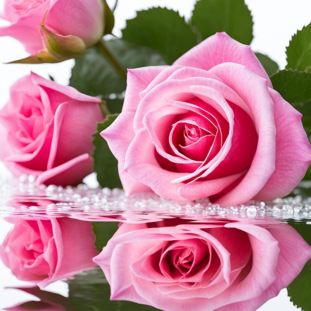 The Pink rose is reflected on a white background