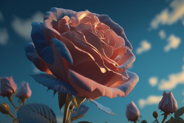 A pink rose is shown in front of a blue sky.