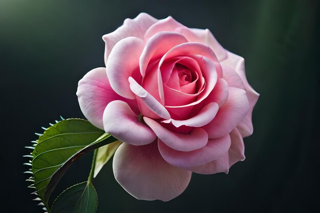 A pink rose is shown with a green leaf in the center.