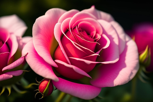 A pink rose is in the sunlight.