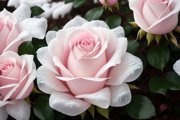 A pink rose is surrounded by green leaves.