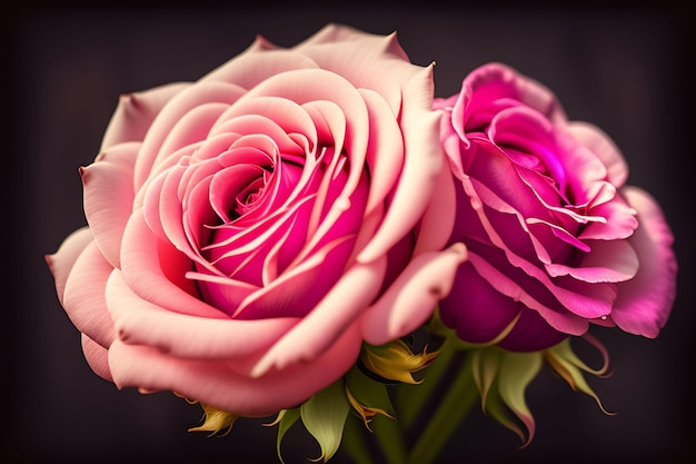 핑크 장미는 다른 두 꽃과 함께 꽃병에 있습니다.