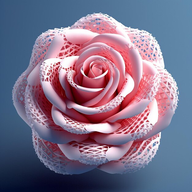 A pink rose made of lace with a blue background.