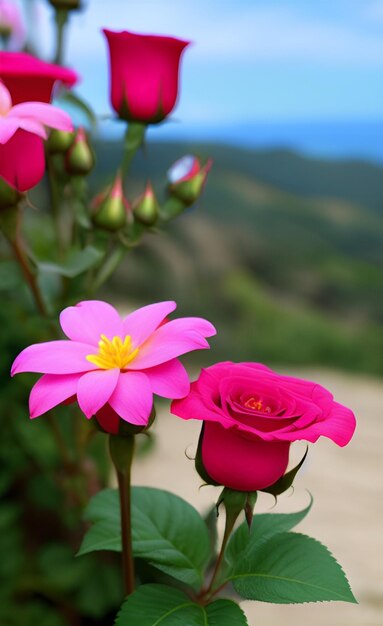 Foto una rosa rosa in montagna