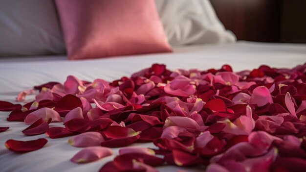 Photo pink rose petals on bed in hotel bedroom soft focus