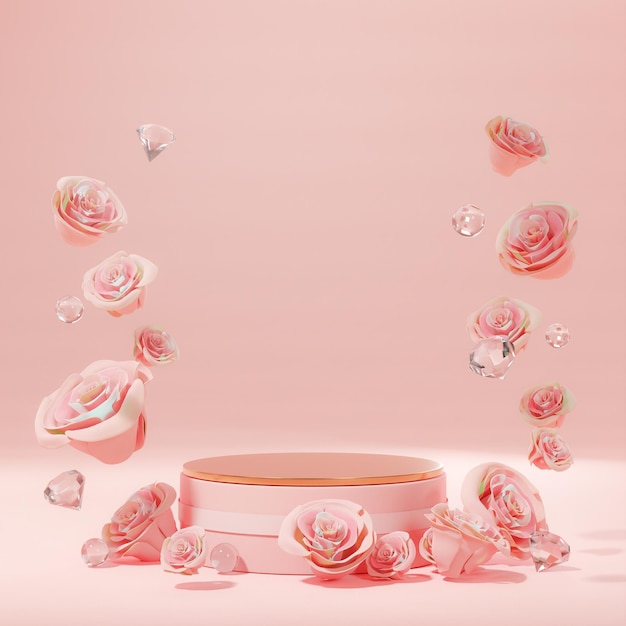 Foto petali di rosa rosa e diamante galleggiante singolo podio esposizione del prodotto matrimonio san valentino 3d render