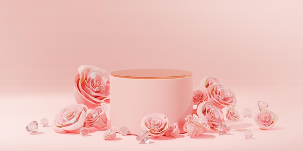 Photo pink rose petals and diamond single podium product display wedding valentine 3d render