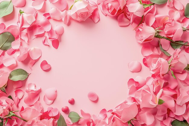 Petali di rosa e rose su biglietto di auguri a sfondo pastello.