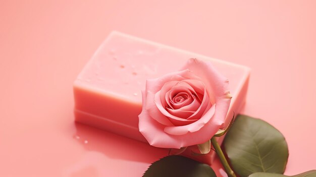 Photo a pink rose on a pink bar of soap