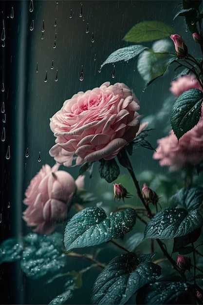 Pink rose in the rain on a rainy day generative ai