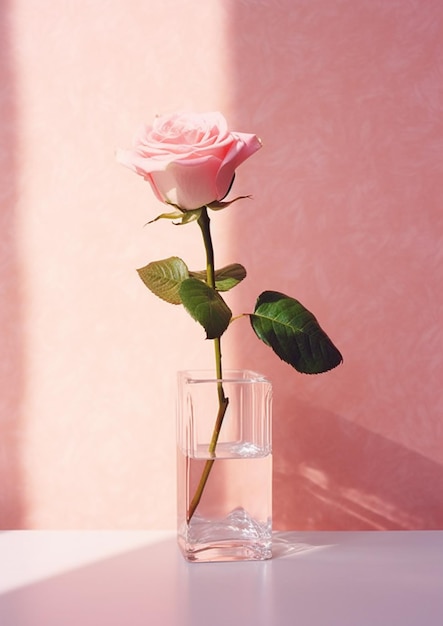 A pink rose sits in a glass of water.