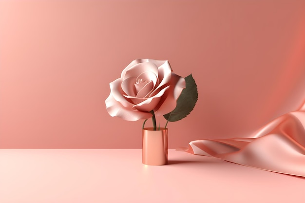 A pink rose sits in a gold vase on a pink background.