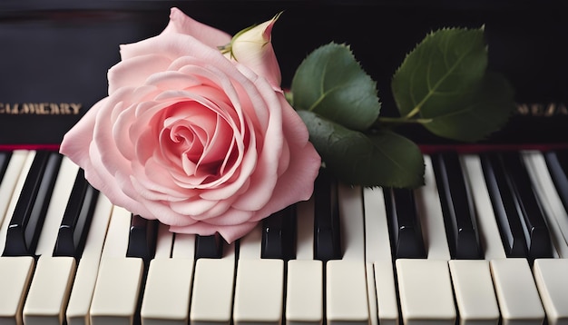 a pink rose sits on a piano keyboard