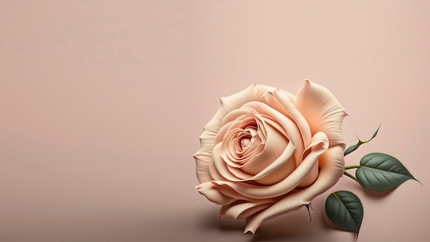 A pink rose sits on a table with a green stone.