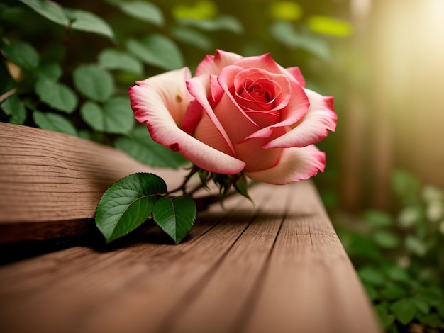 Photo a pink rose sits on a wooden bench in the garden.