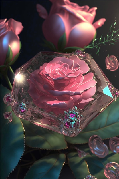 Pink rose sitting on top of a glass block generative ai