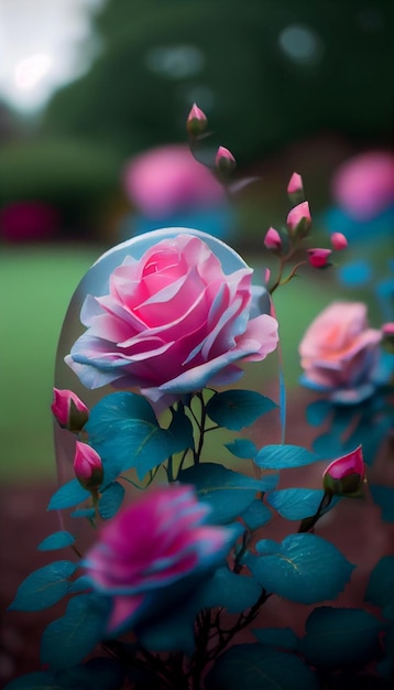 Pink rose sitting on top of a lush green field generative ai