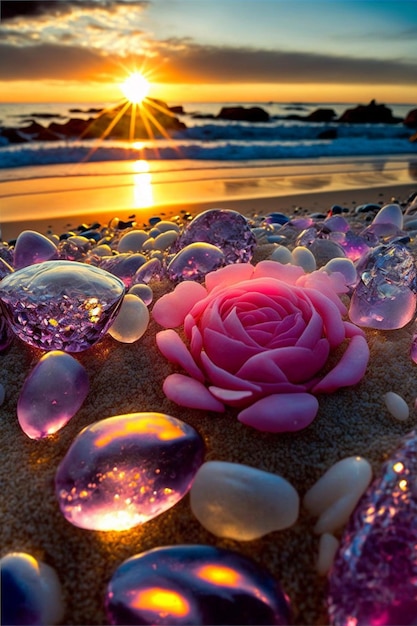 Pink rose sitting on top of a sandy beach generative ai