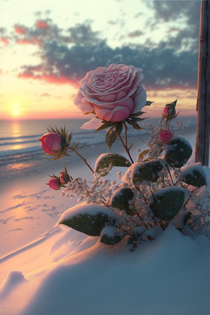 Pink rose sitting on top of a snow covered beach generative ai