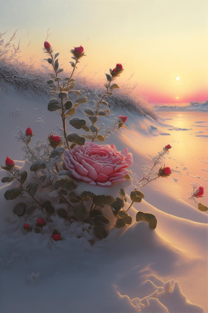 Pink rose sitting on top of a snow covered field generative ai