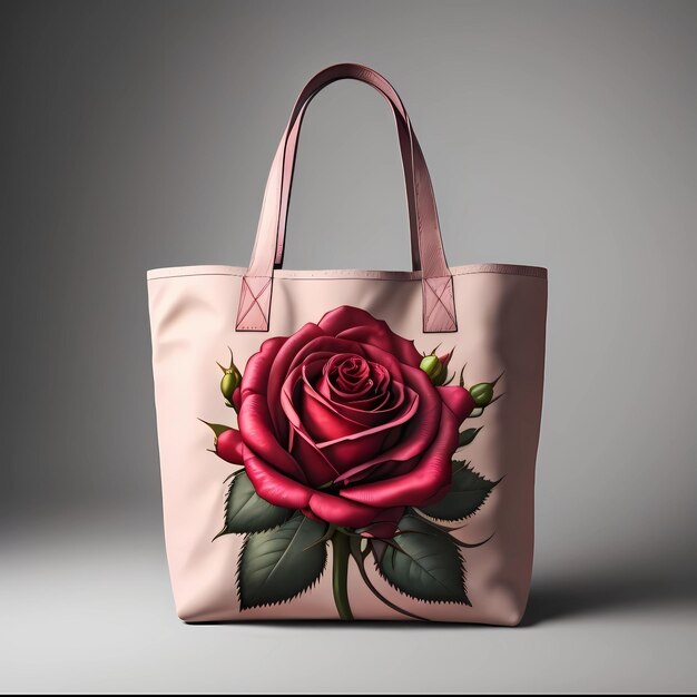 A pink rose tote bag with a pink rose on the front