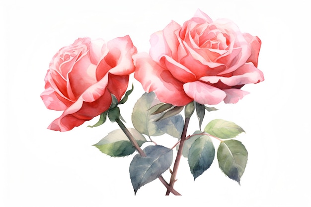 Pink rose watercolor handpainted isolated on white ai